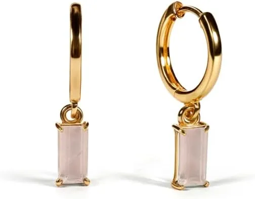Rarete Jewelry Gleam Baguette Huggie  18K Gold Plated Hoop Earrings with Rose Quartz Baguette Cut Stone