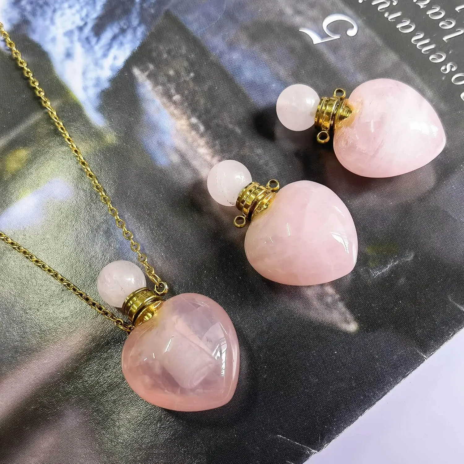 Real Rose Quartz Perfume Bottle Necklace, Rose Quartz Heart Stone Vial Necklace for Essential Oil, Healing Stone Pink Crystal Necklace with Gold Stainless Steel for Women Jewelry Gift