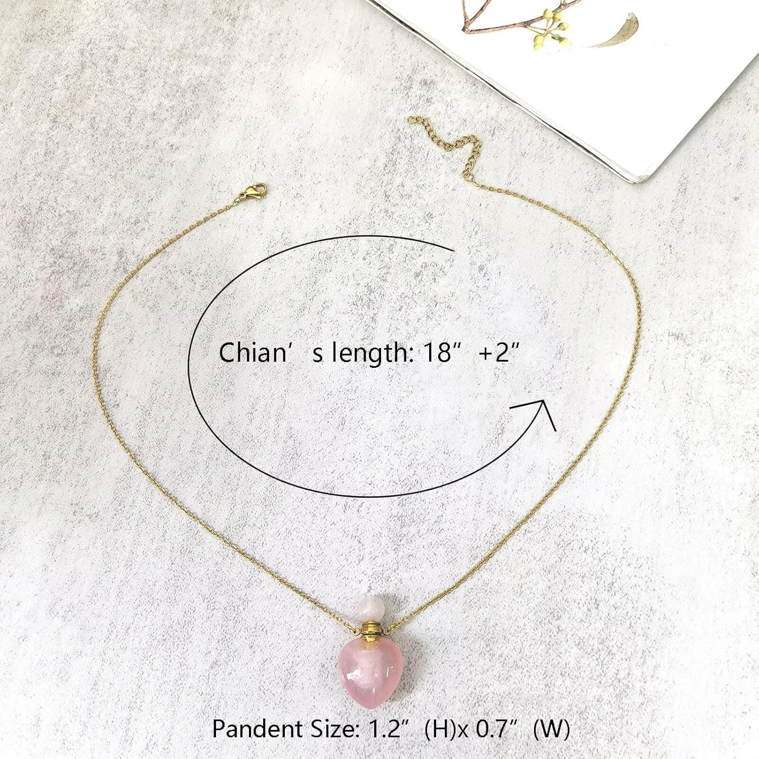 Real Rose Quartz Perfume Bottle Necklace, Rose Quartz Heart Stone Vial Necklace for Essential Oil, Healing Stone Pink Crystal Necklace with Gold Stainless Steel for Women Jewelry Gift