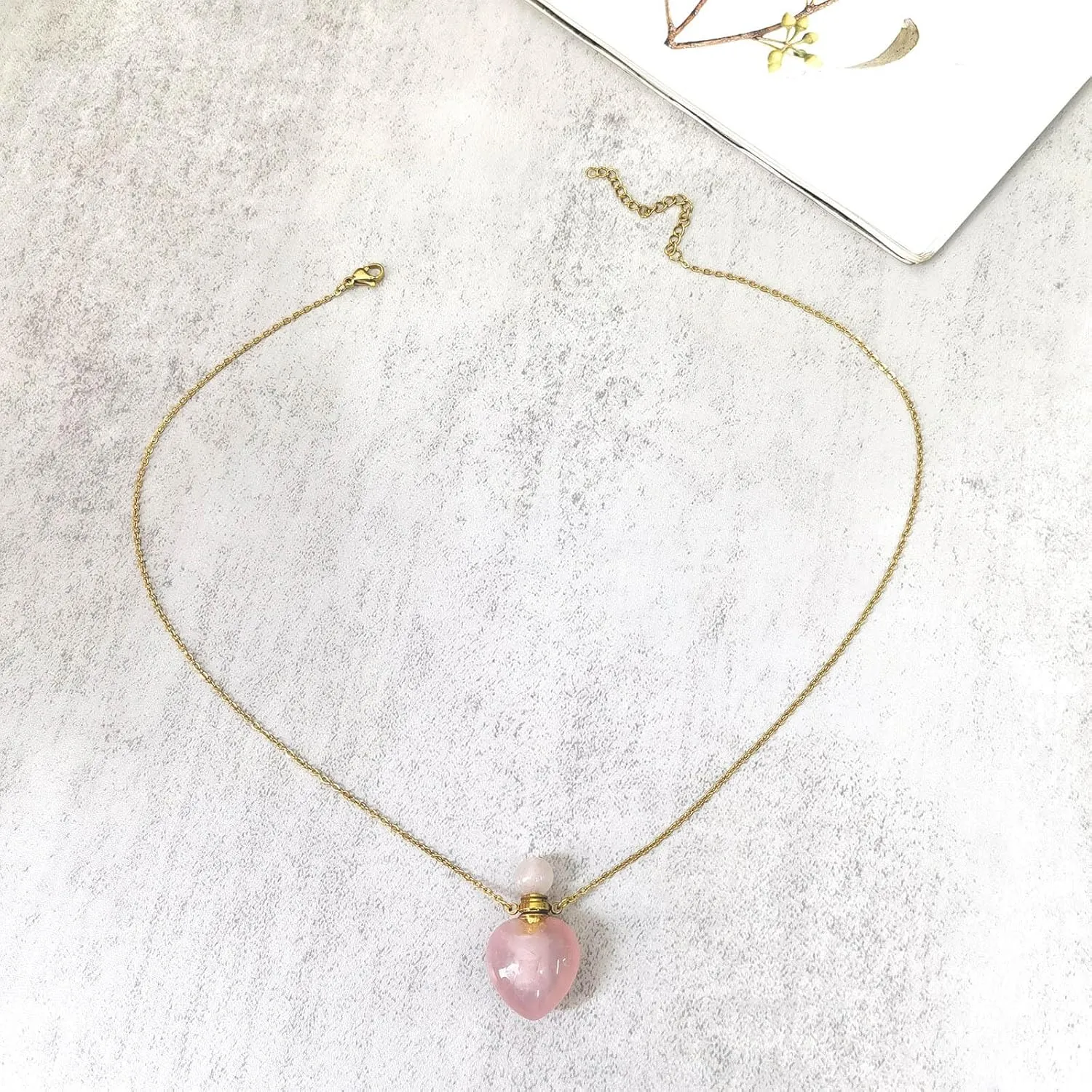 Real Rose Quartz Perfume Bottle Necklace, Rose Quartz Heart Stone Vial Necklace for Essential Oil, Healing Stone Pink Crystal Necklace with Gold Stainless Steel for Women Jewelry Gift