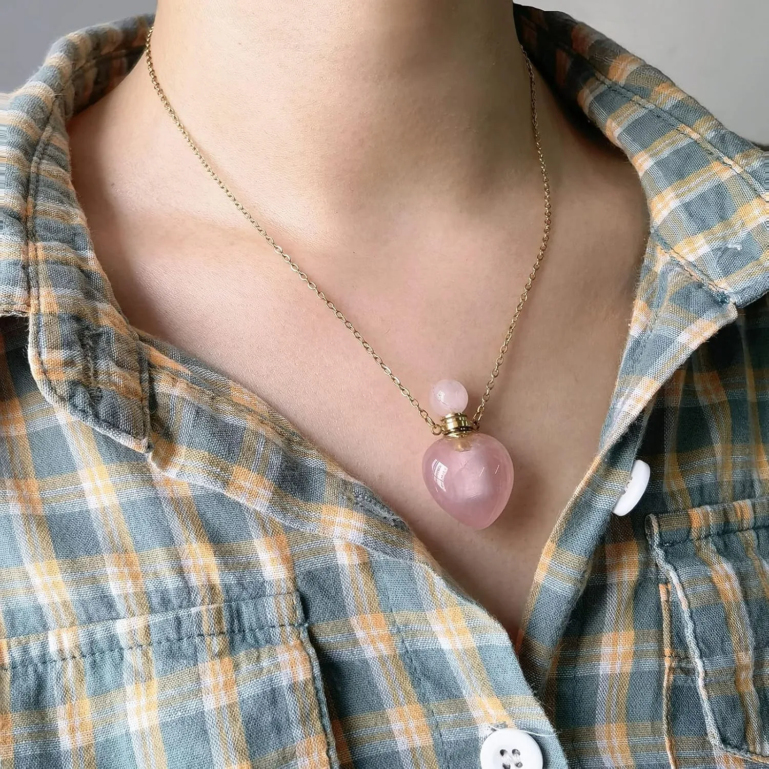 Real Rose Quartz Perfume Bottle Necklace, Rose Quartz Heart Stone Vial Necklace for Essential Oil, Healing Stone Pink Crystal Necklace with Gold Stainless Steel for Women Jewelry Gift
