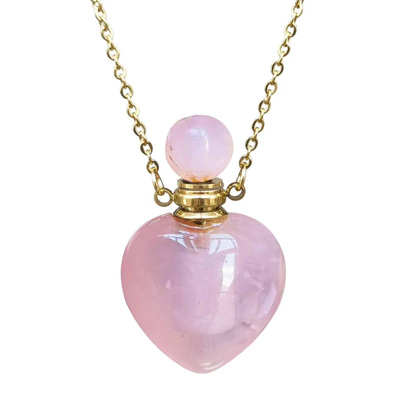 Real Rose Quartz Perfume Bottle Necklace, Rose Quartz Heart Stone Vial Necklace for Essential Oil, Healing Stone Pink Crystal Necklace with Gold Stainless Steel for Women Jewelry Gift