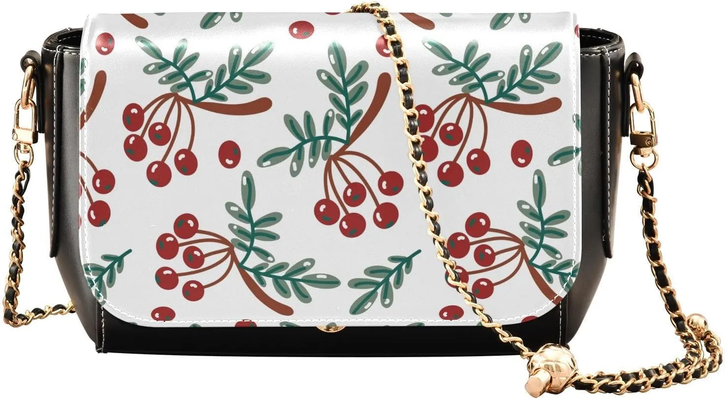 Red Berry Background Crossbody Bags for Women, Trendy Small Shoulder Bag, PU Leather Clutch Purse Underarm Handbag Satchel HandBag with Adjustable Metal Chain