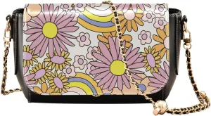 Retro Doodle Floarl with Rainbow Crossbody Bags for Women, Trendy Small Shoulder Bag, PU Leather Clutch Purse Underarm Handbag Satchel HandBag with Adjustable Metal Chain
