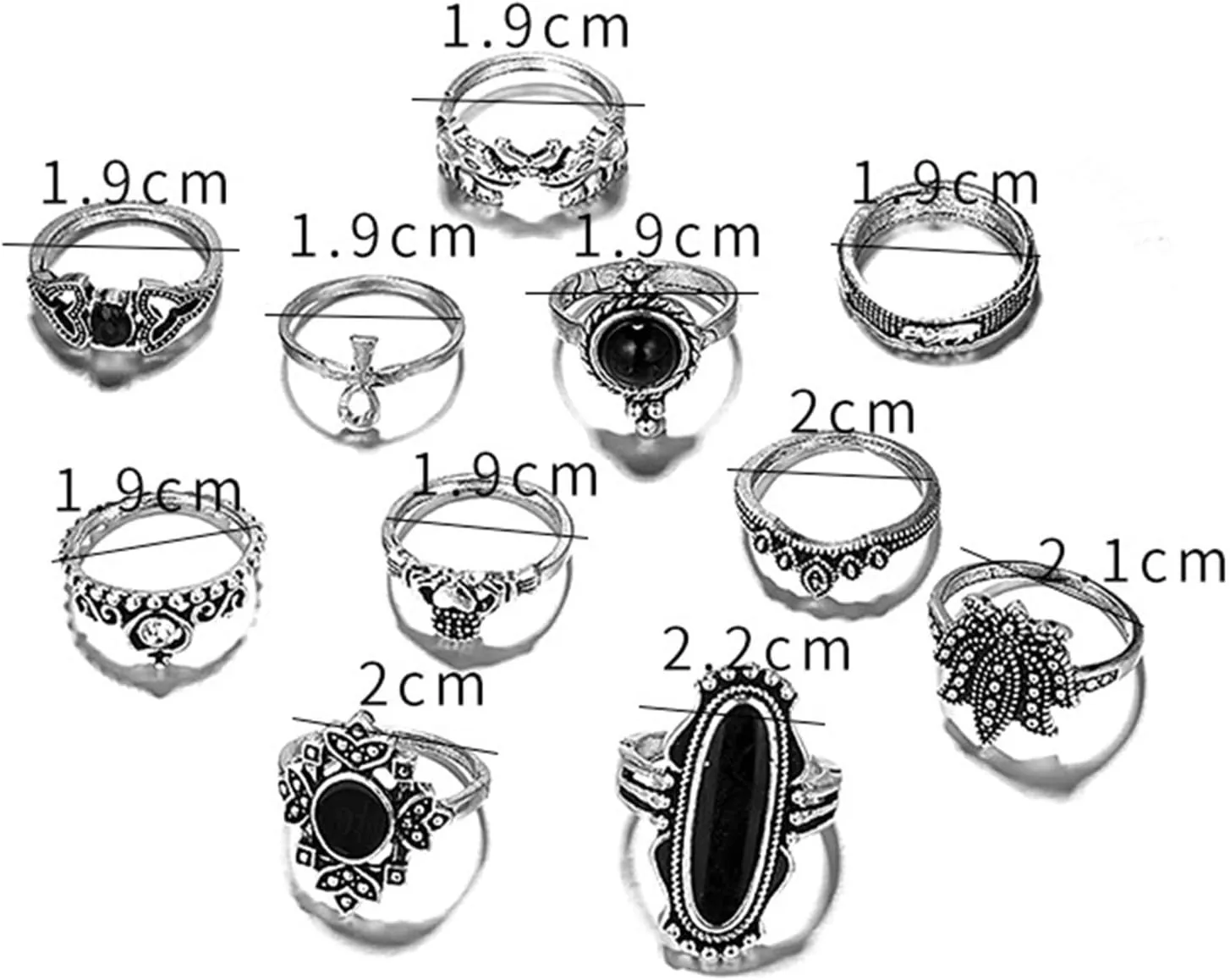Rings for Women, Rings for Teen Girls 11Pcs/set Heart Stackable Knuckle Rings Alloy Bohemia Black Faux Gem Finger Rings Mens Rings for New Year Gift Valentine's Day Gift