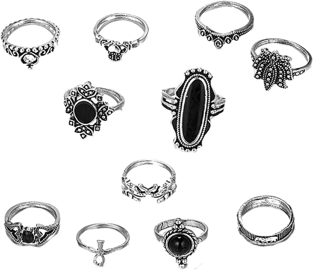 Rings for Women, Rings for Teen Girls 11Pcs/set Heart Stackable Knuckle Rings Alloy Bohemia Black Faux Gem Finger Rings Mens Rings for New Year Gift Valentine's Day Gift