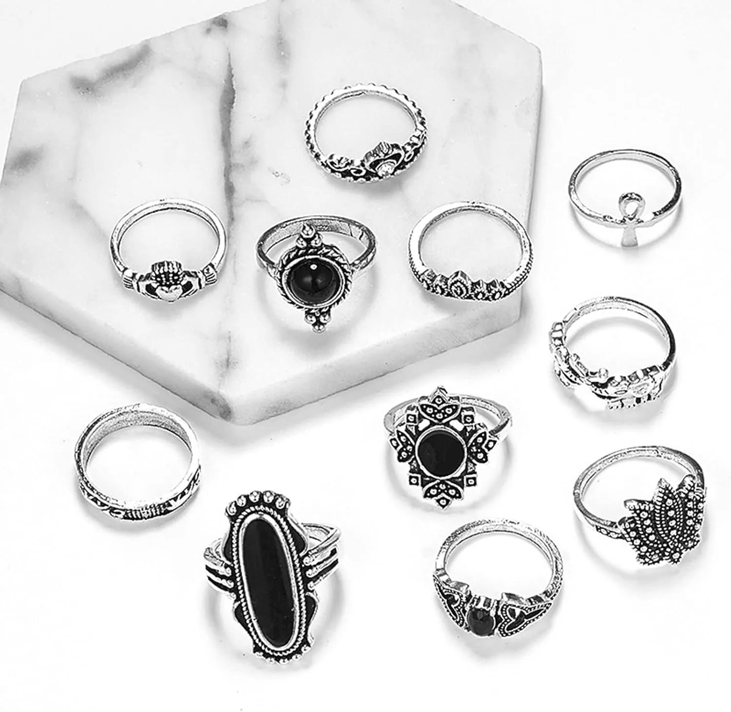 Rings for Women, Rings for Teen Girls 11Pcs/set Heart Stackable Knuckle Rings Alloy Bohemia Black Faux Gem Finger Rings Mens Rings for New Year Gift Valentine's Day Gift
