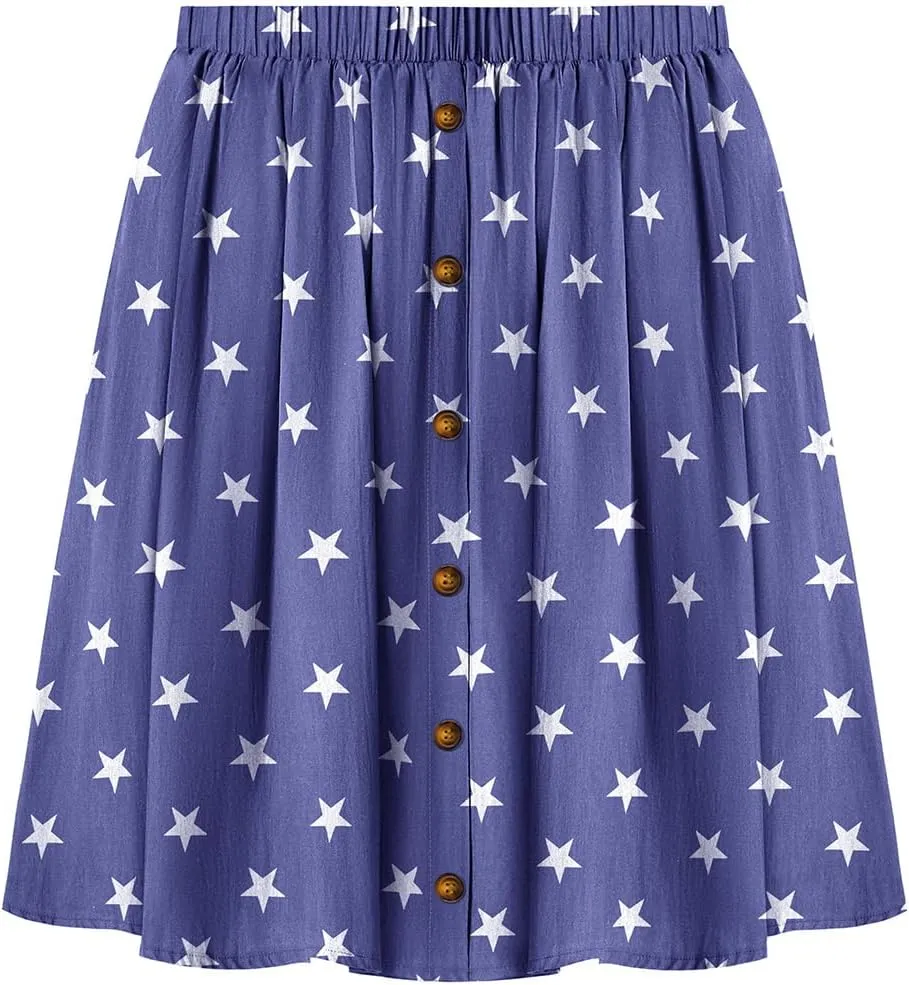 RITERA Plus Size Skirt for Women A Line Midi Denim Skirt Elastic Waist Front Button Skirts