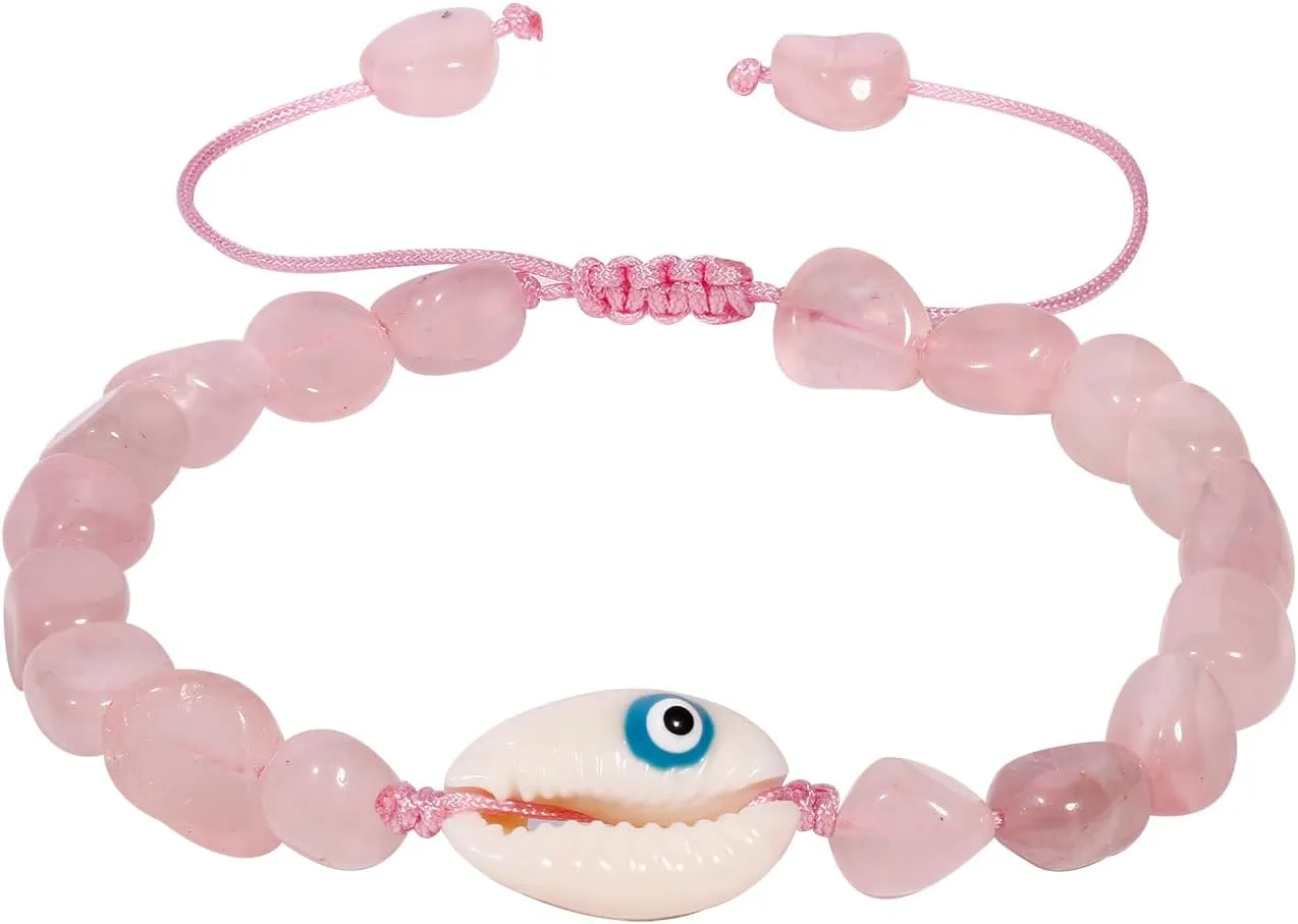 Rose Quartz Beaded Bracelets Irregular Tumbled Stones Bracelet for Women Spiritual Reiki Crystals Adjustable Handmade Evil Eye Shell Jewelry