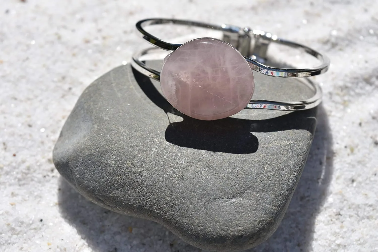 Rose Quartz Stone Silver Bangle Cuff Bracelet