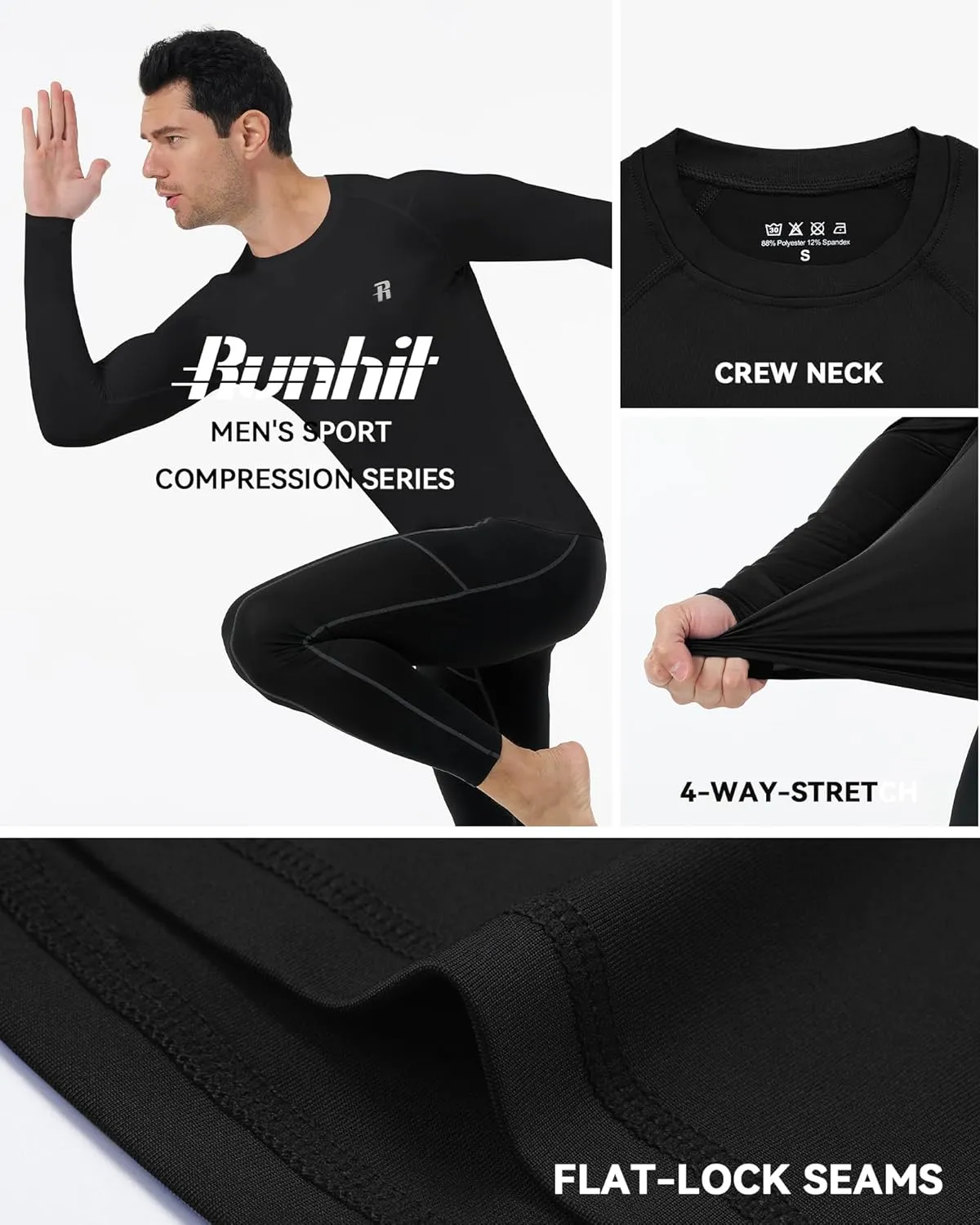 Runhit Long Sleeve Compression Shirts for Men, UPF 50  Men's Compression Shirts, Running Athletic Workout Base Layer