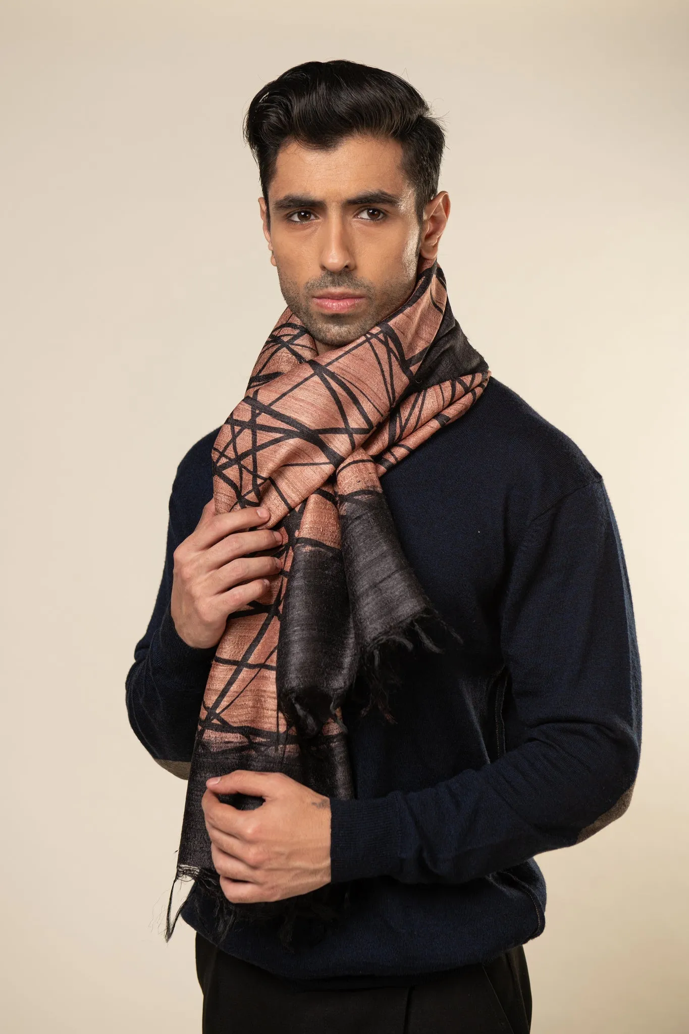 Salmon Lattice Tussar Peace Silk Scarf