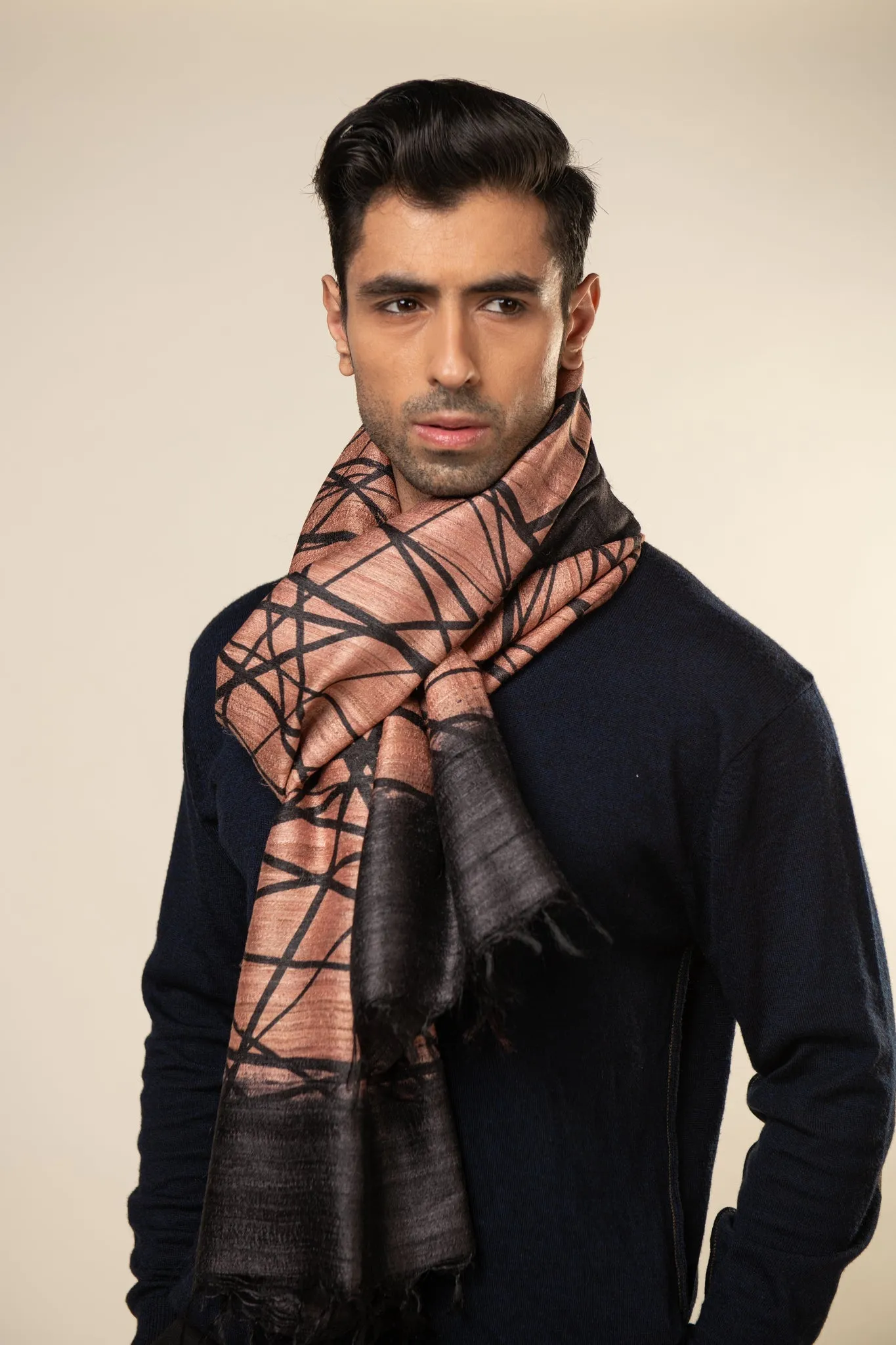 Salmon Lattice Tussar Peace Silk Scarf
