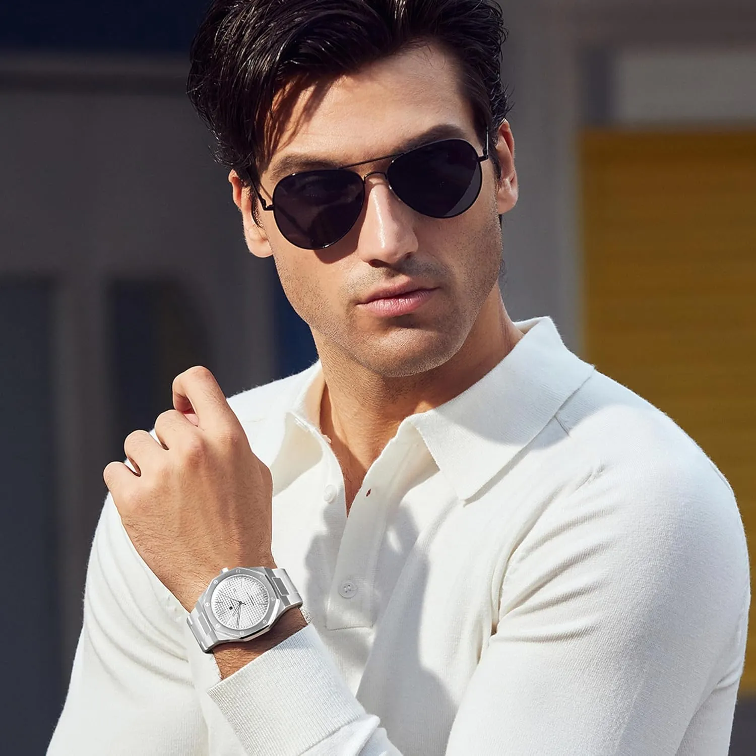 SAPPHERO Men's Watch Octagonal Stainless Steel 30M Waterproof Luminous Wristwatch Luxury Analog Quartz Watch for Men with Date Elegant Mens