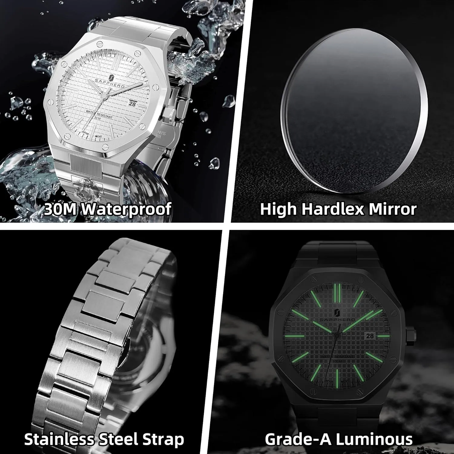 SAPPHERO Men's Watch Octagonal Stainless Steel 30M Waterproof Luminous Wristwatch Luxury Analog Quartz Watch for Men with Date Elegant Mens