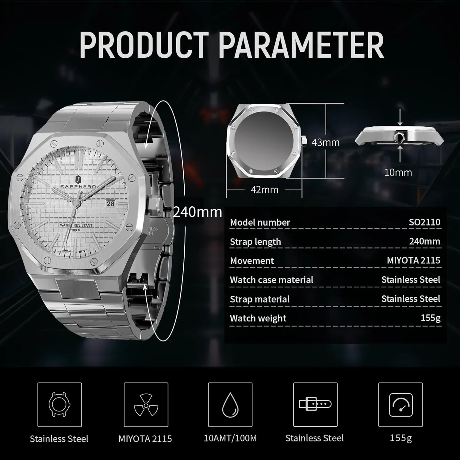 SAPPHERO Men's Watch Octagonal Stainless Steel 30M Waterproof Luminous Wristwatch Luxury Analog Quartz Watch for Men with Date Elegant Mens