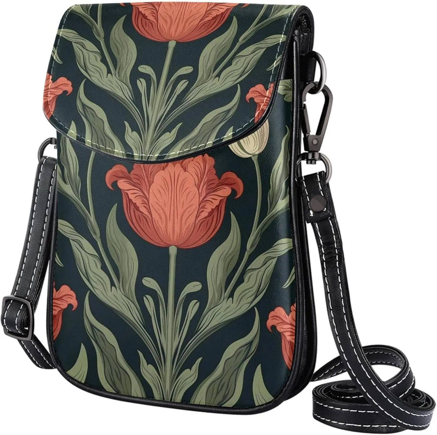 Satchel Bag Vintage Tulips Flowers Purse Crossbody Leather Messenger Bag For Women