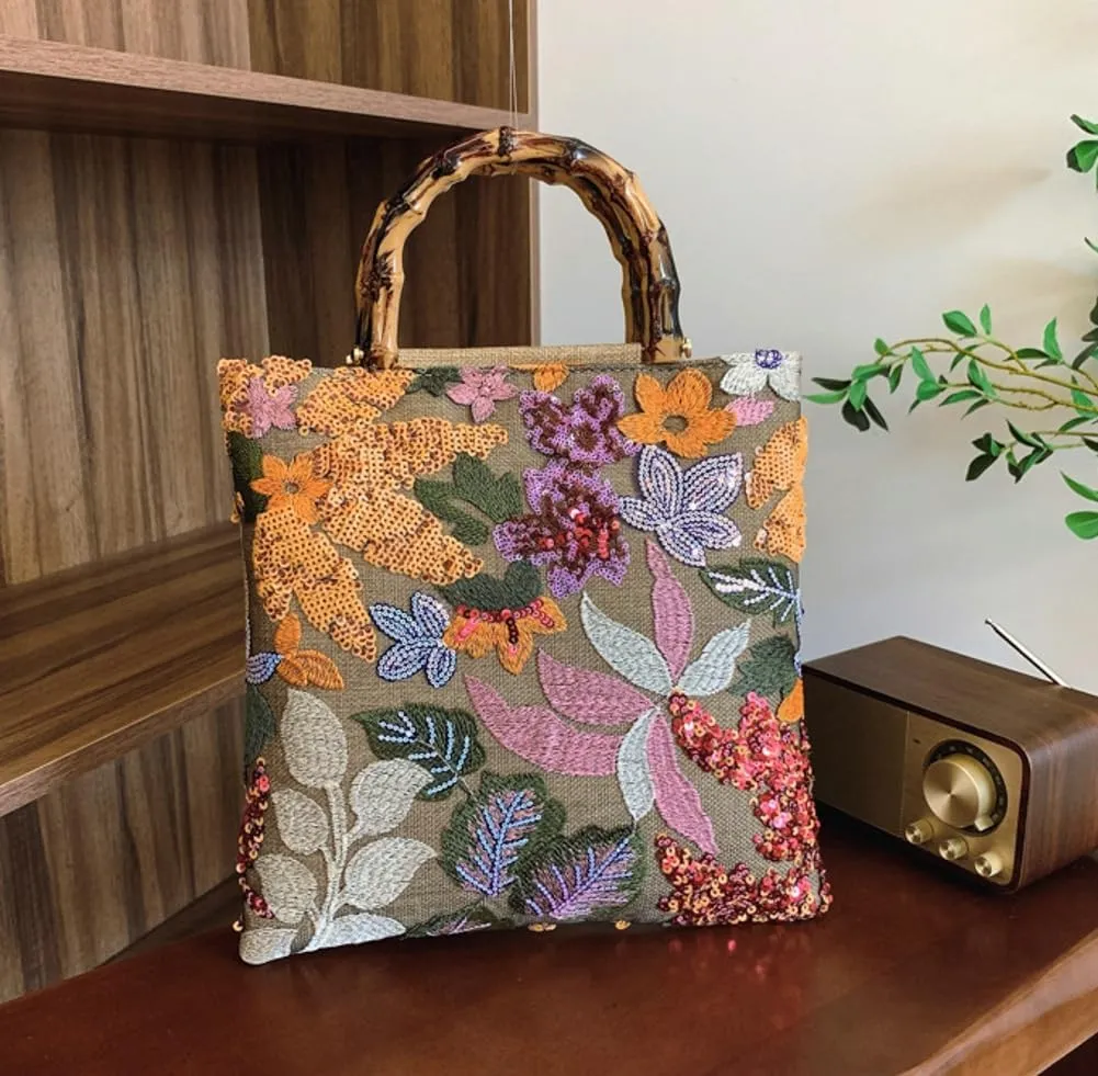 Sequin Clutch Purse for Women Floral Embroidery Tote Handbag Cute Crossbody Hobo Purses Beach Bag Wallet for Work Travel