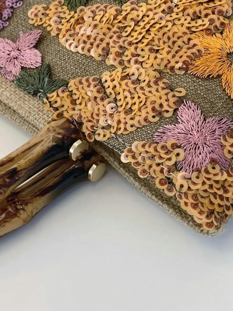 Sequin Clutch Purse for Women Floral Embroidery Tote Handbag Cute Crossbody Hobo Purses Beach Bag Wallet for Work Travel