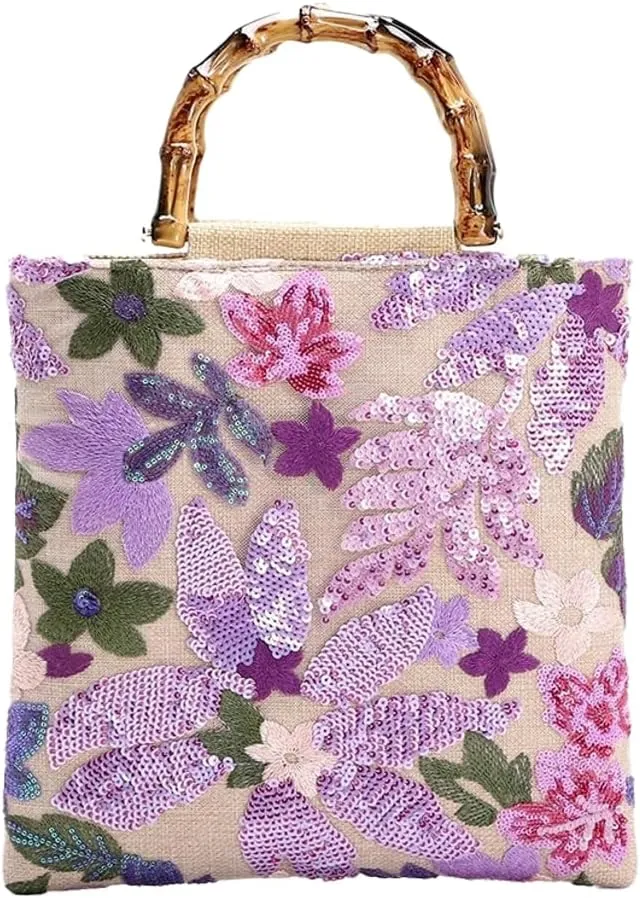 Sequin Clutch Purse for Women Floral Embroidery Tote Handbag Cute Crossbody Hobo Purses Beach Bag Wallet for Work Travel