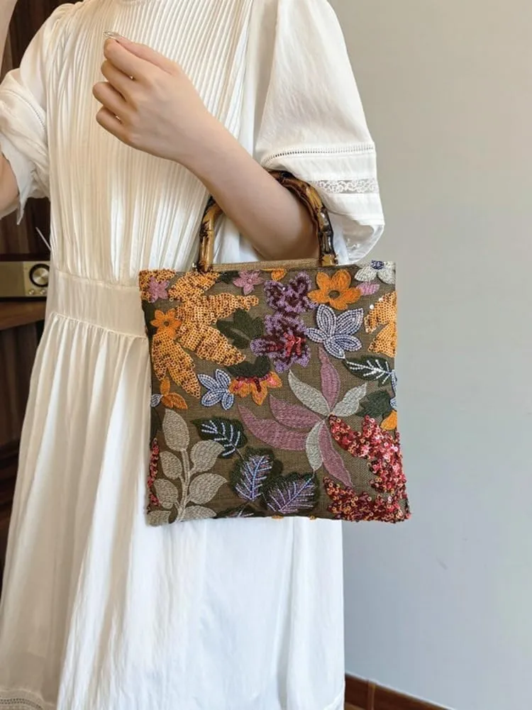 Sequin Clutch Purse for Women Floral Embroidery Tote Handbag Cute Crossbody Hobo Purses Beach Bag Wallet for Work Travel
