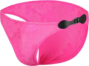Sexy Men's Floral Lace Underwear See Through T-Back Thongs All-Day Comfort Soft Briefs WIth Leather Buckle
