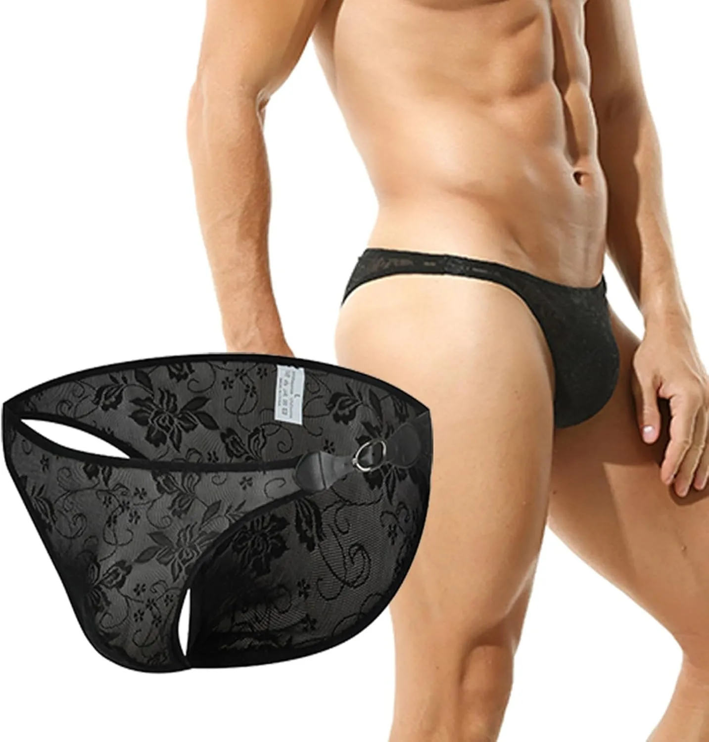 Sexy Men's Floral Lace Underwear See Through T-Back Thongs All-Day Comfort Soft Briefs WIth Leather Buckle