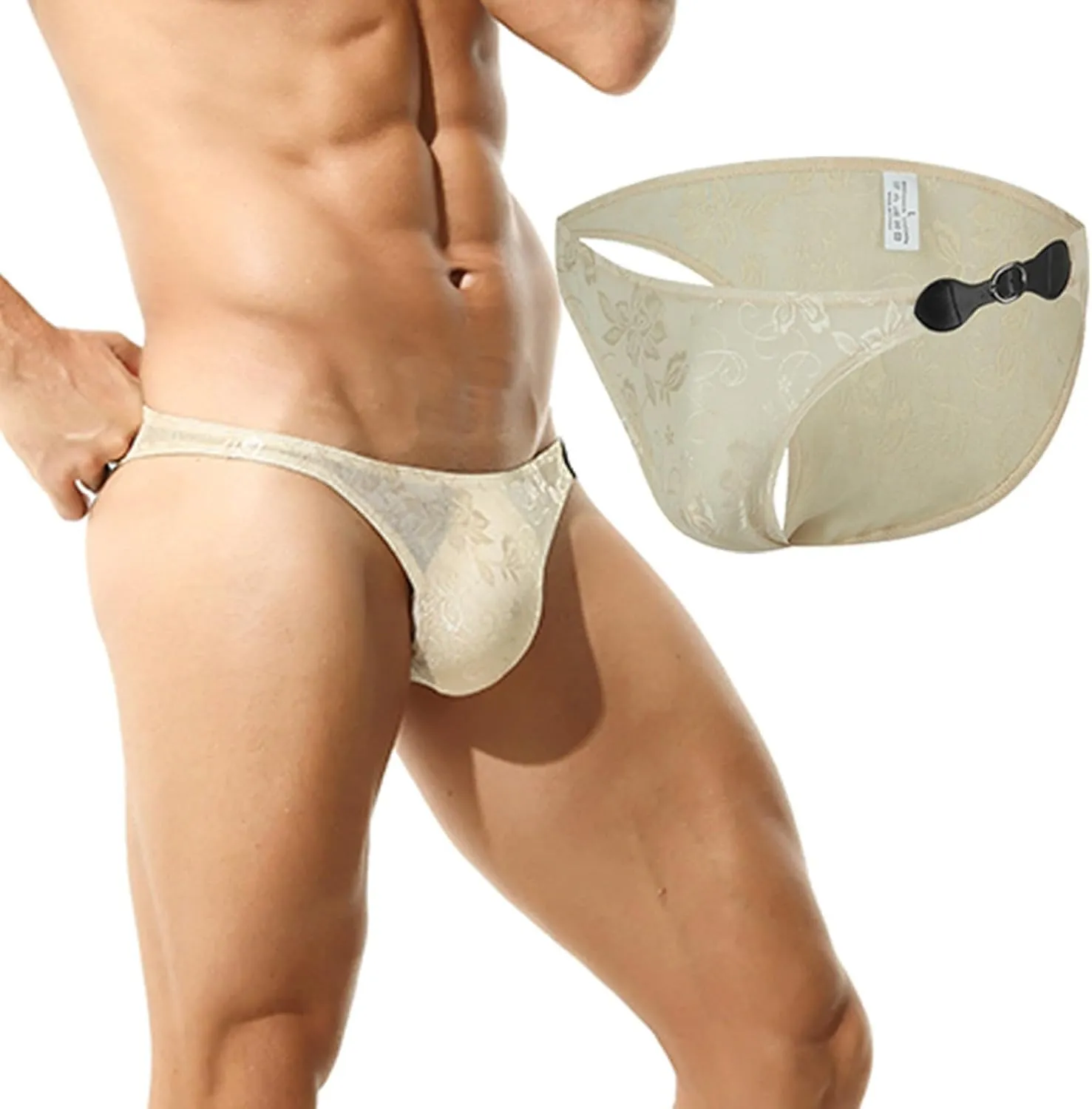 Sexy Men's Floral Lace Underwear See Through T-Back Thongs All-Day Comfort Soft Briefs WIth Leather Buckle