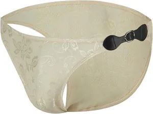 Sexy Men's Floral Lace Underwear See Through T-Back Thongs All-Day Comfort Soft Briefs WIth Leather Buckle