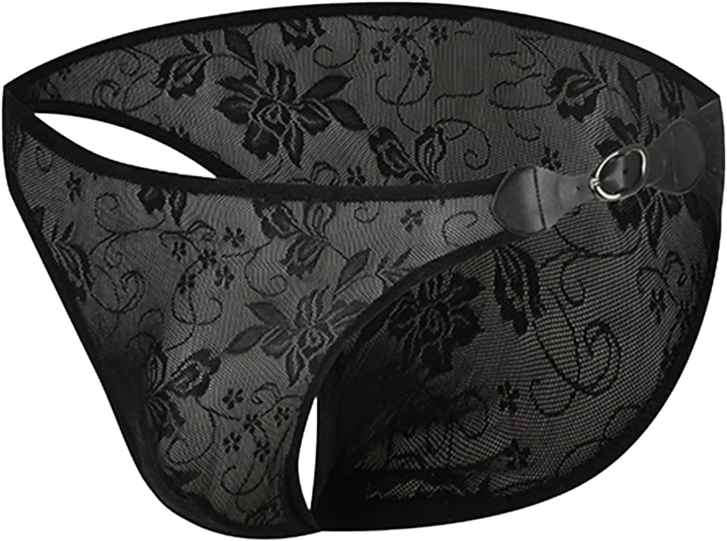 Sexy Men's Floral Lace Underwear See Through T-Back Thongs All-Day Comfort Soft Briefs WIth Leather Buckle