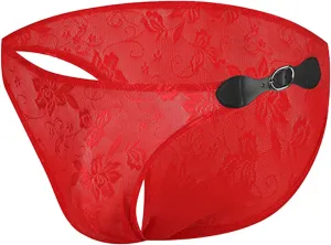 Sexy Men's Floral Lace Underwear See Through T-Back Thongs All-Day Comfort Soft Briefs WIth Leather Buckle