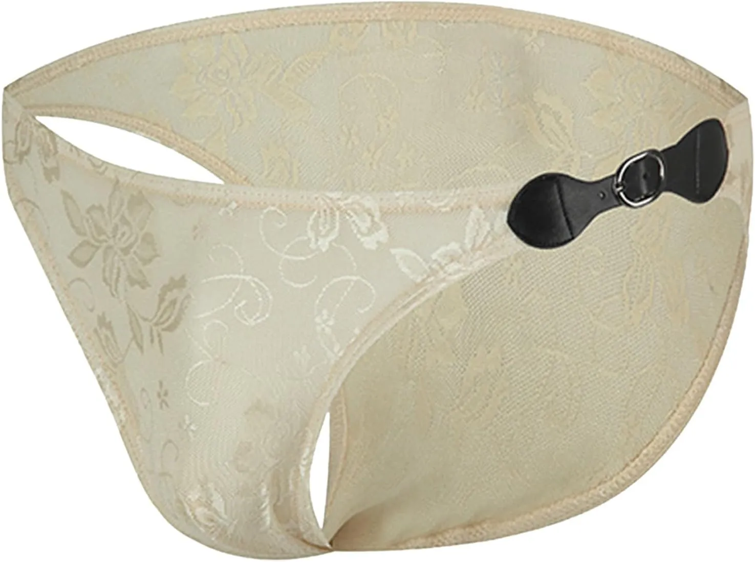Sexy Men's Floral Lace Underwear See Through T-Back Thongs All-Day Comfort Soft Briefs WIth Leather Buckle