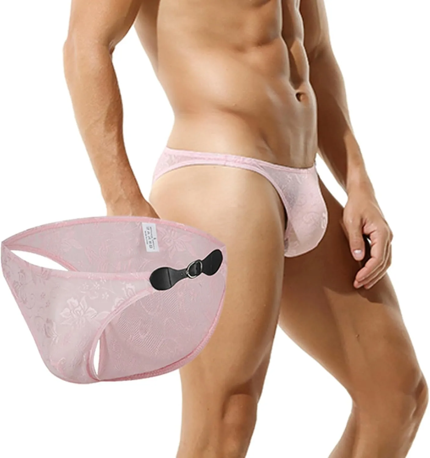 Sexy Men's Floral Lace Underwear See Through T-Back Thongs All-Day Comfort Soft Briefs WIth Leather Buckle