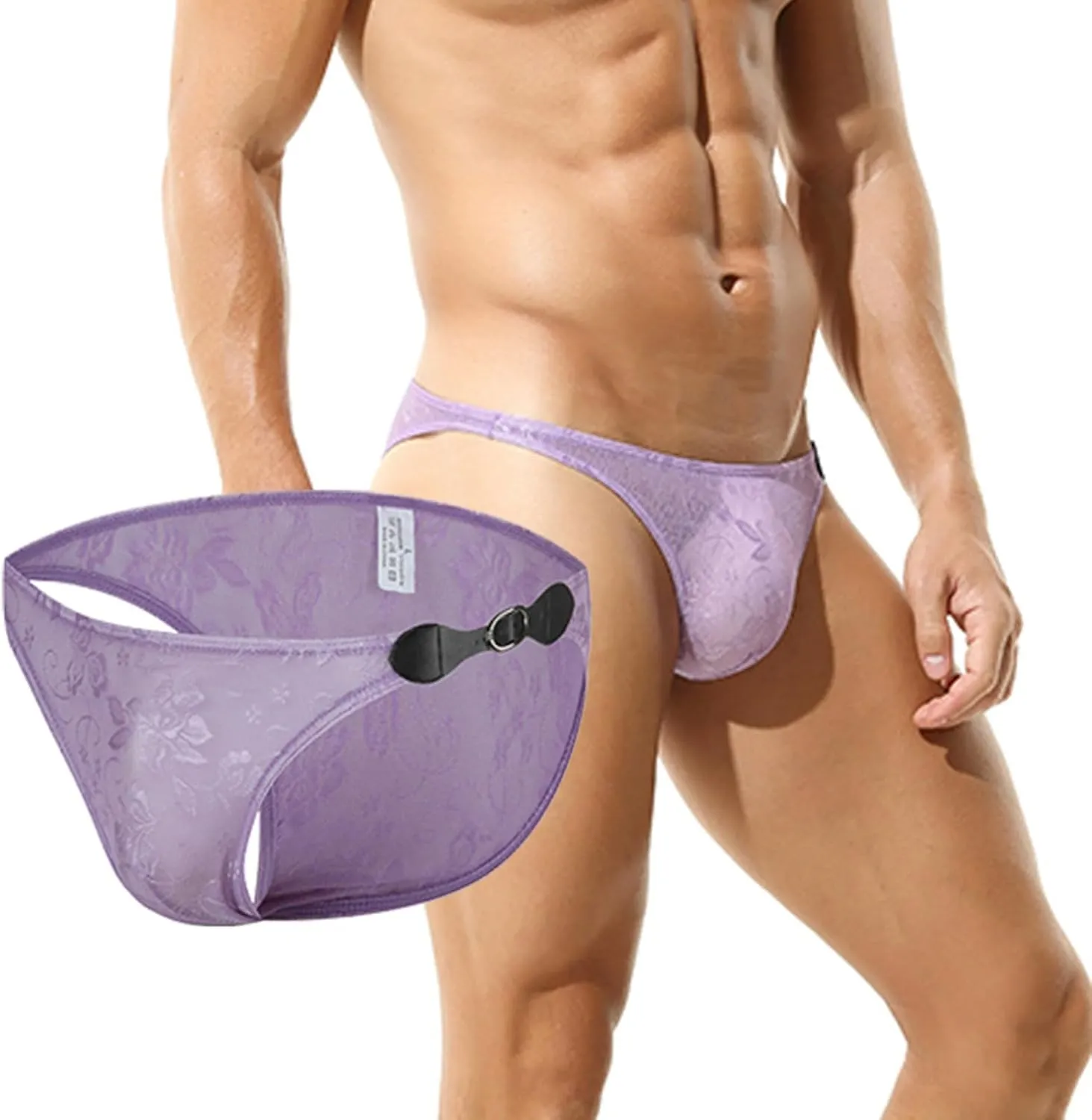 Sexy Men's Floral Lace Underwear See Through T-Back Thongs All-Day Comfort Soft Briefs WIth Leather Buckle
