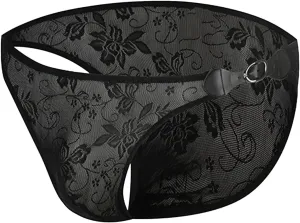 Sexy Men's Floral Lace Underwear See Through T-Back Thongs All-Day Comfort Soft Briefs WIth Leather Buckle