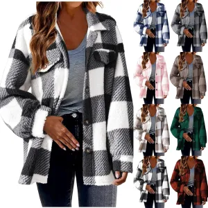 Sherpa Jacket for Women Fuzzy Fleece Winter Coats Plaid Button Down Shacket Casual Warm Teddy Coat Outwear