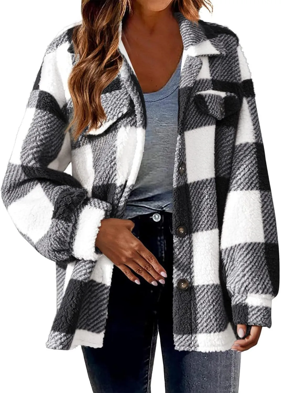 Sherpa Jacket for Women Fuzzy Fleece Winter Coats Plaid Button Down Shacket Casual Warm Teddy Coat Outwear