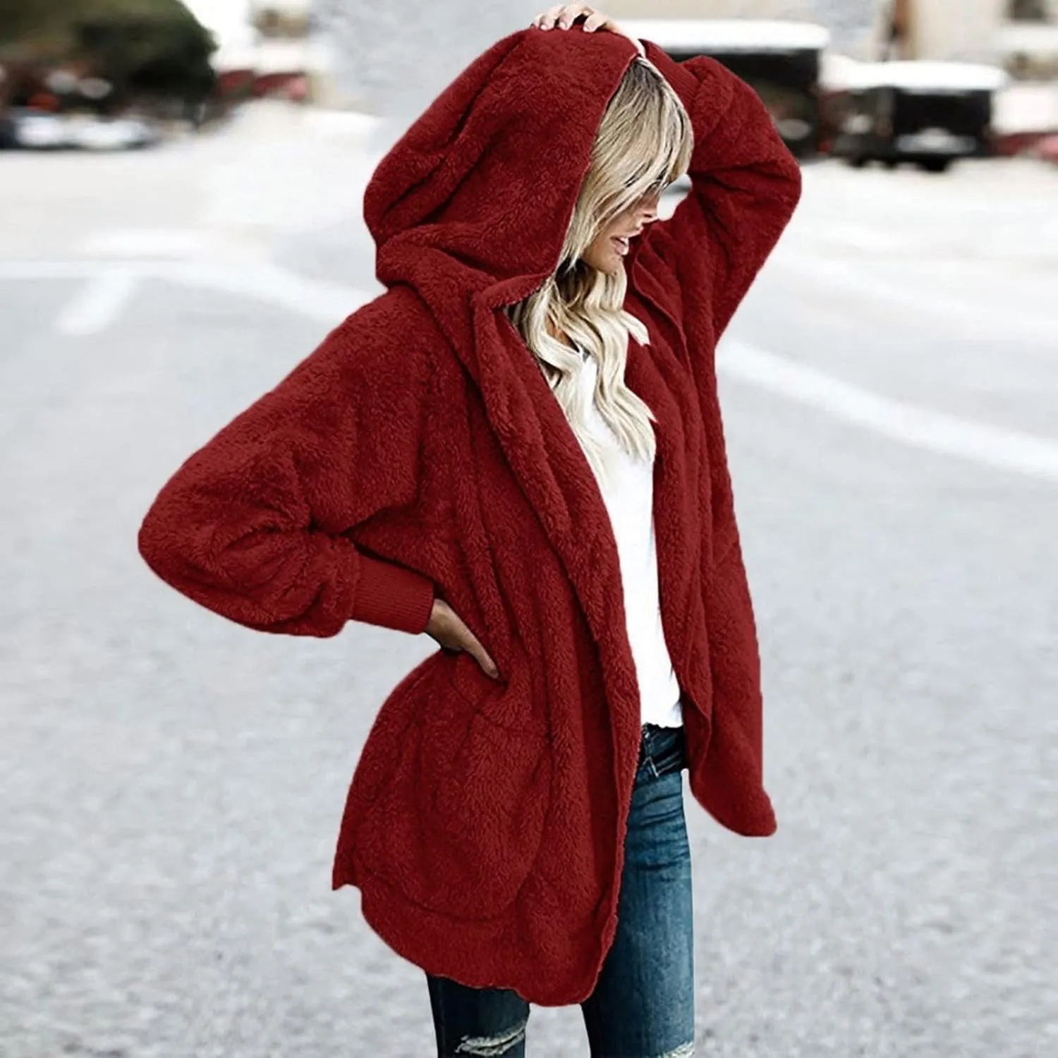 Sherpa Jacket Women Fuzzy Fleece Long Cardigan Sweaters Comfy Soft Oversized Hoodie with Pockets Faux Fur Coats