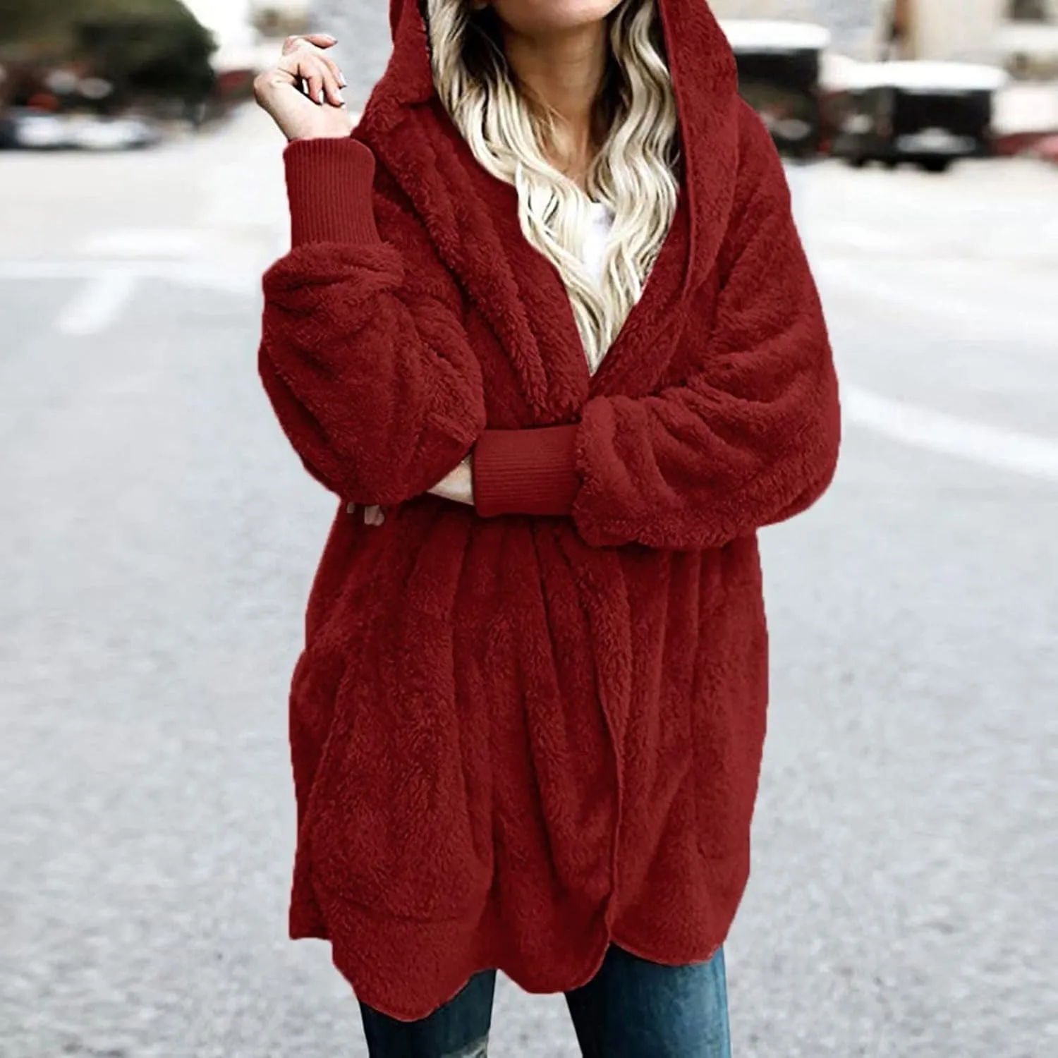Sherpa Jacket Women Fuzzy Fleece Long Cardigan Sweaters Comfy Soft Oversized Hoodie with Pockets Faux Fur Coats