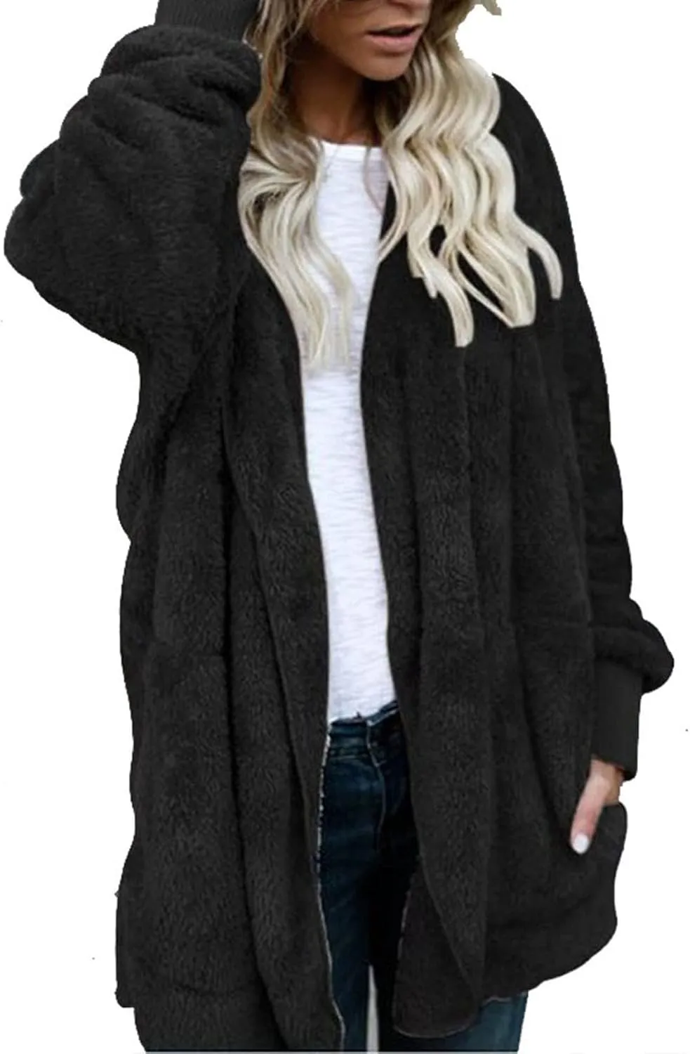 Sherpa Jacket Women Fuzzy Fleece Long Cardigan Sweaters Comfy Soft Oversized Hoodie with Pockets Faux Fur Coats
