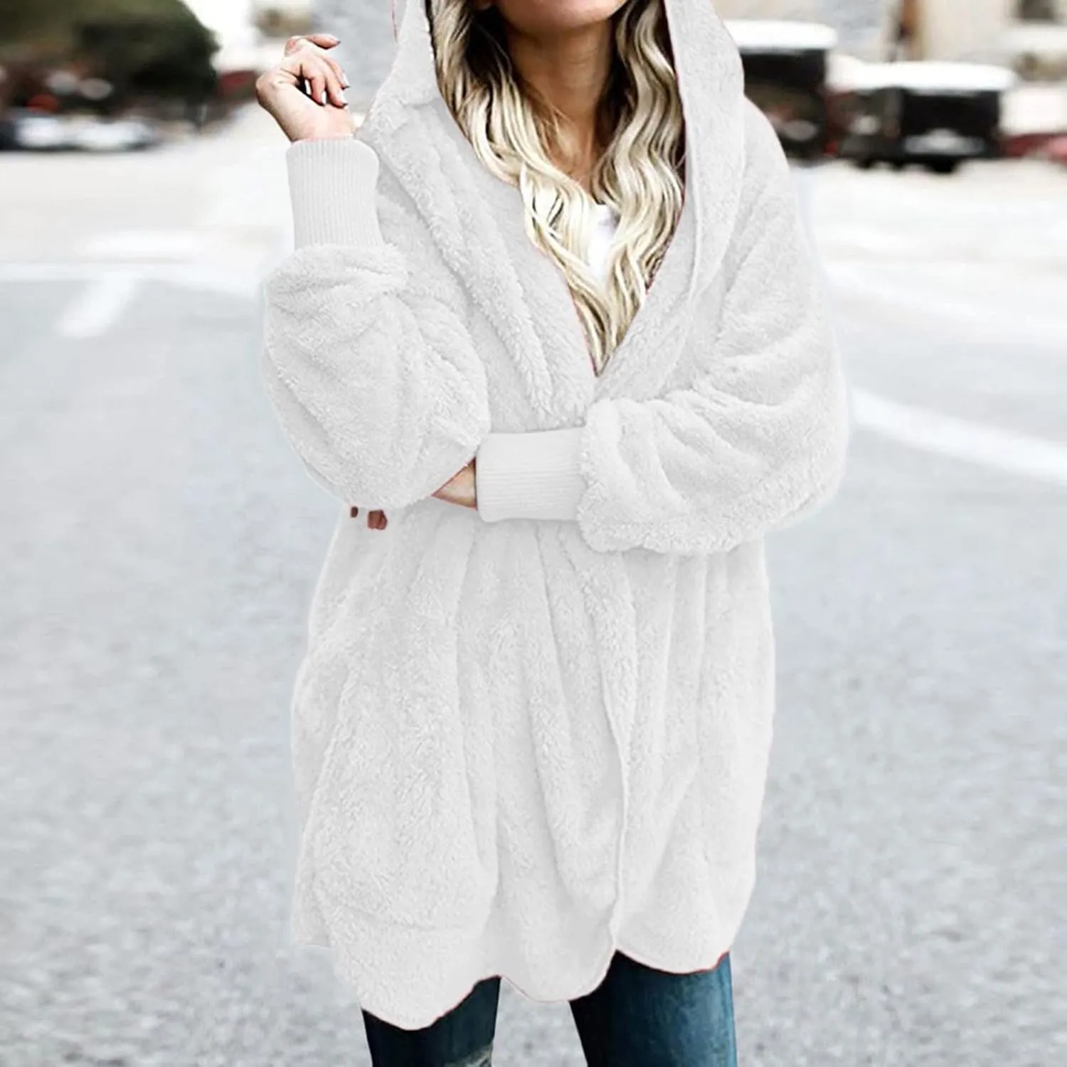 Sherpa Jacket Women Fuzzy Fleece Long Cardigan Sweaters Comfy Soft Oversized Hoodie with Pockets Faux Fur Coats