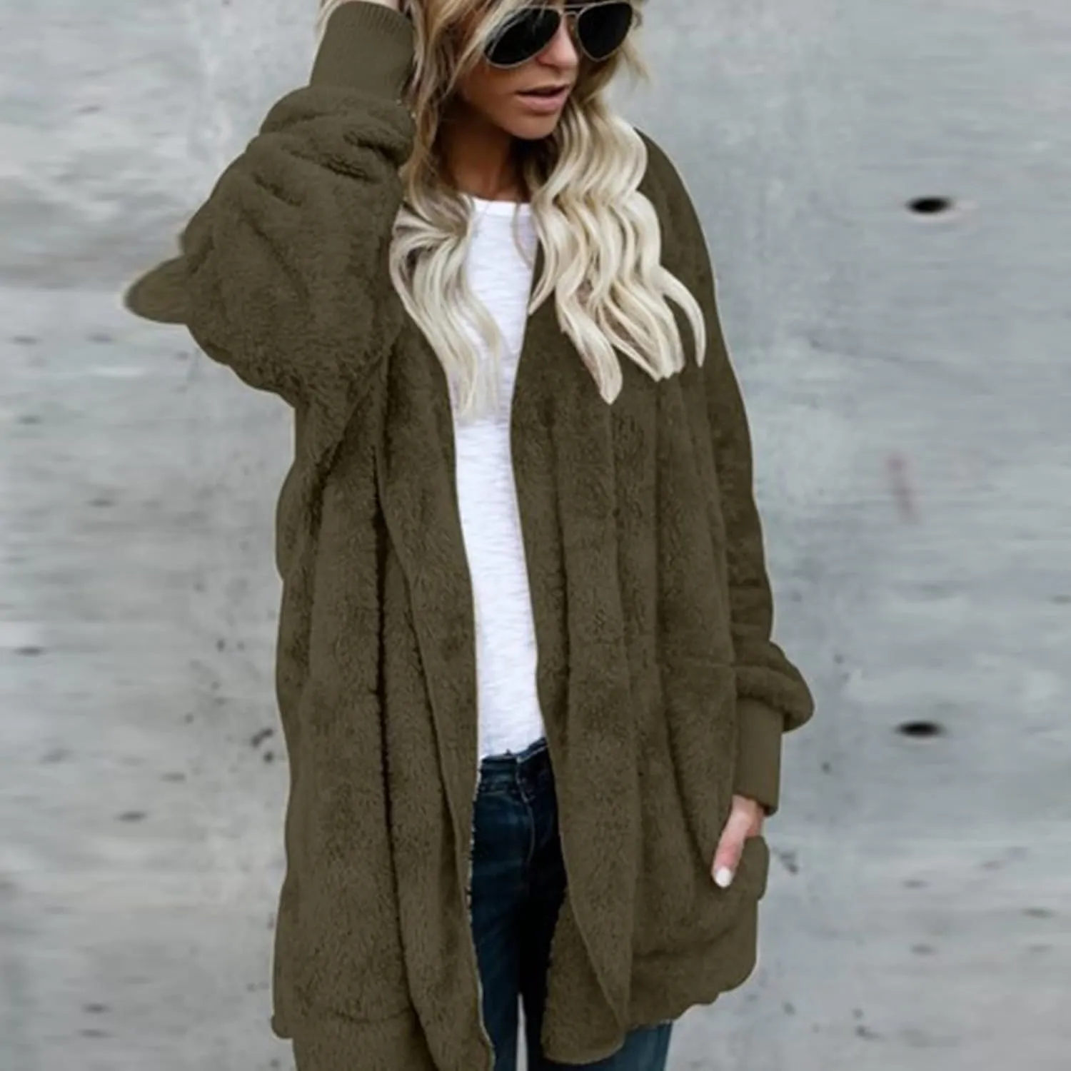 Sherpa Jacket Women Fuzzy Fleece Long Cardigan Sweaters Comfy Soft Oversized Hoodie with Pockets Faux Fur Coats
