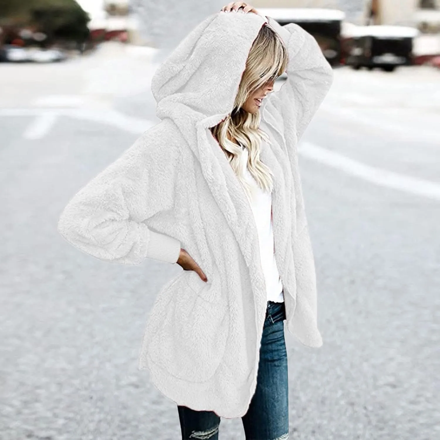 Sherpa Jacket Women Fuzzy Fleece Long Cardigan Sweaters Comfy Soft Oversized Hoodie with Pockets Faux Fur Coats