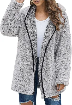Sherpa Jacket Women Oversized Full Zip Fleece Hoodie Soft Plush Open Front Cardigan Coats Winter Sweater with Pockets