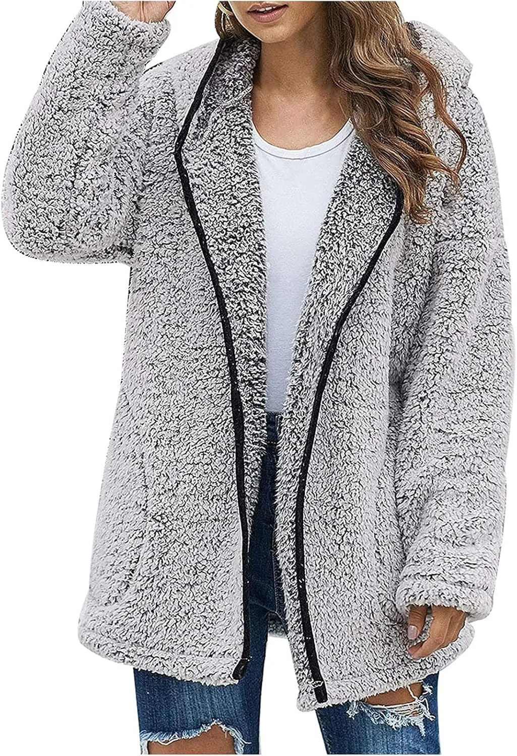 Sherpa Jacket Women Oversized Full Zip Fleece Hoodie Soft Plush Open Front Cardigan Coats Winter Sweater with Pockets