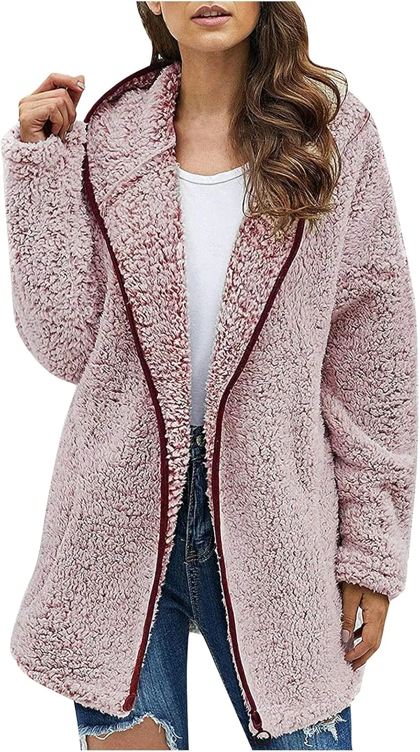 Sherpa Jacket Women Oversized Full Zip Fleece Hoodie Soft Plush Open Front Cardigan Coats Winter Sweater with Pockets