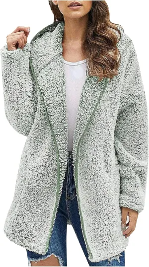 Sherpa Jacket Women Oversized Full Zip Fleece Hoodie Soft Plush Open Front Cardigan Coats Winter Sweater with Pockets