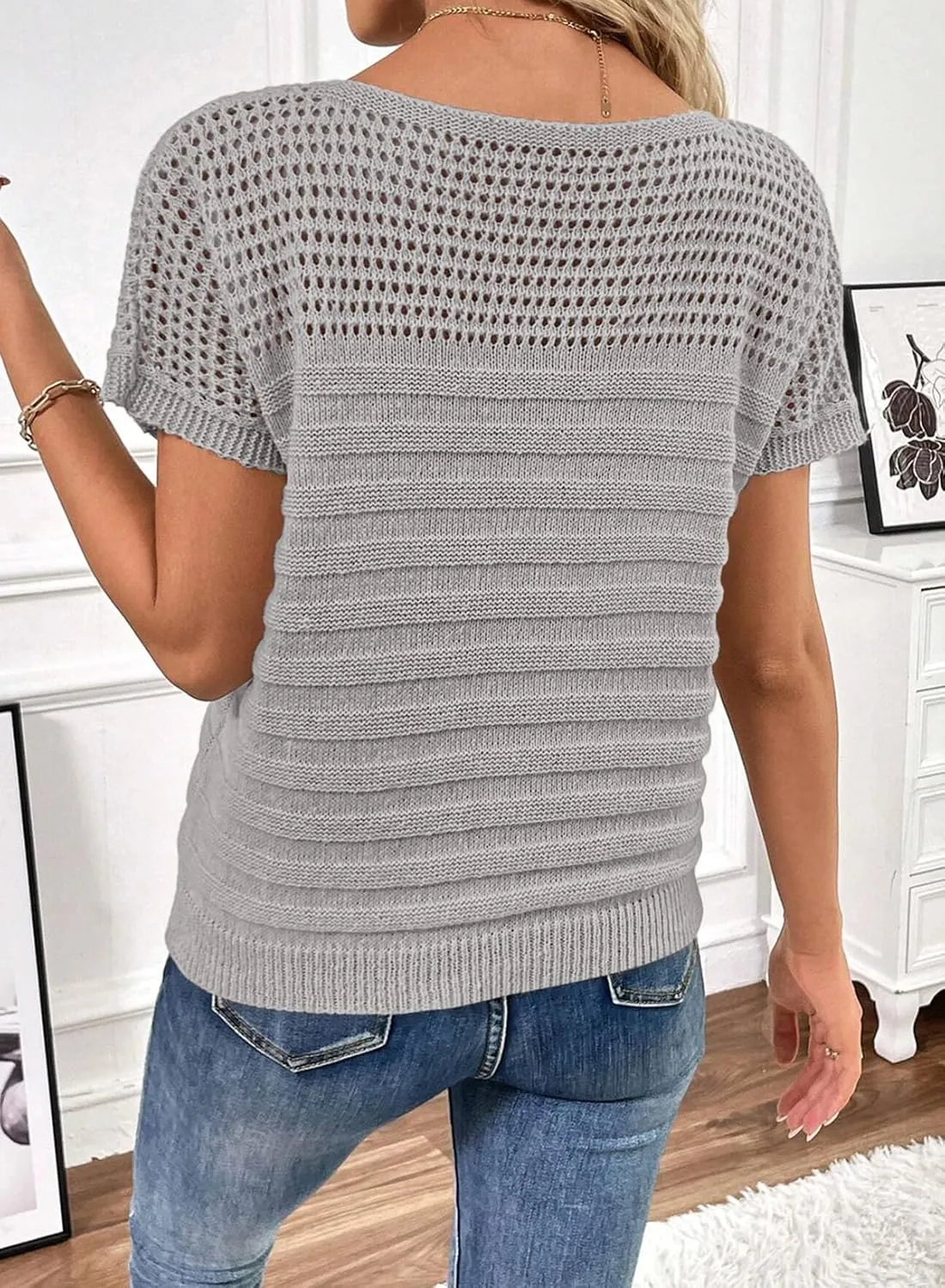 SHEWIN Womens Sweaters Crew Neck Short Sleeve Shirts Summer Tops Knit Hollow Out T Shirts Sweater Blouses