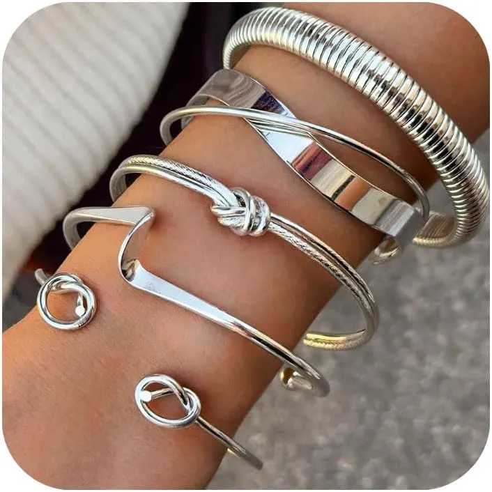 Silver Adjustable Geometric Bangle Bracelets for Women Trendy Multi Layer Stackable Bracelets Minimalist Textured Boho Jewelry