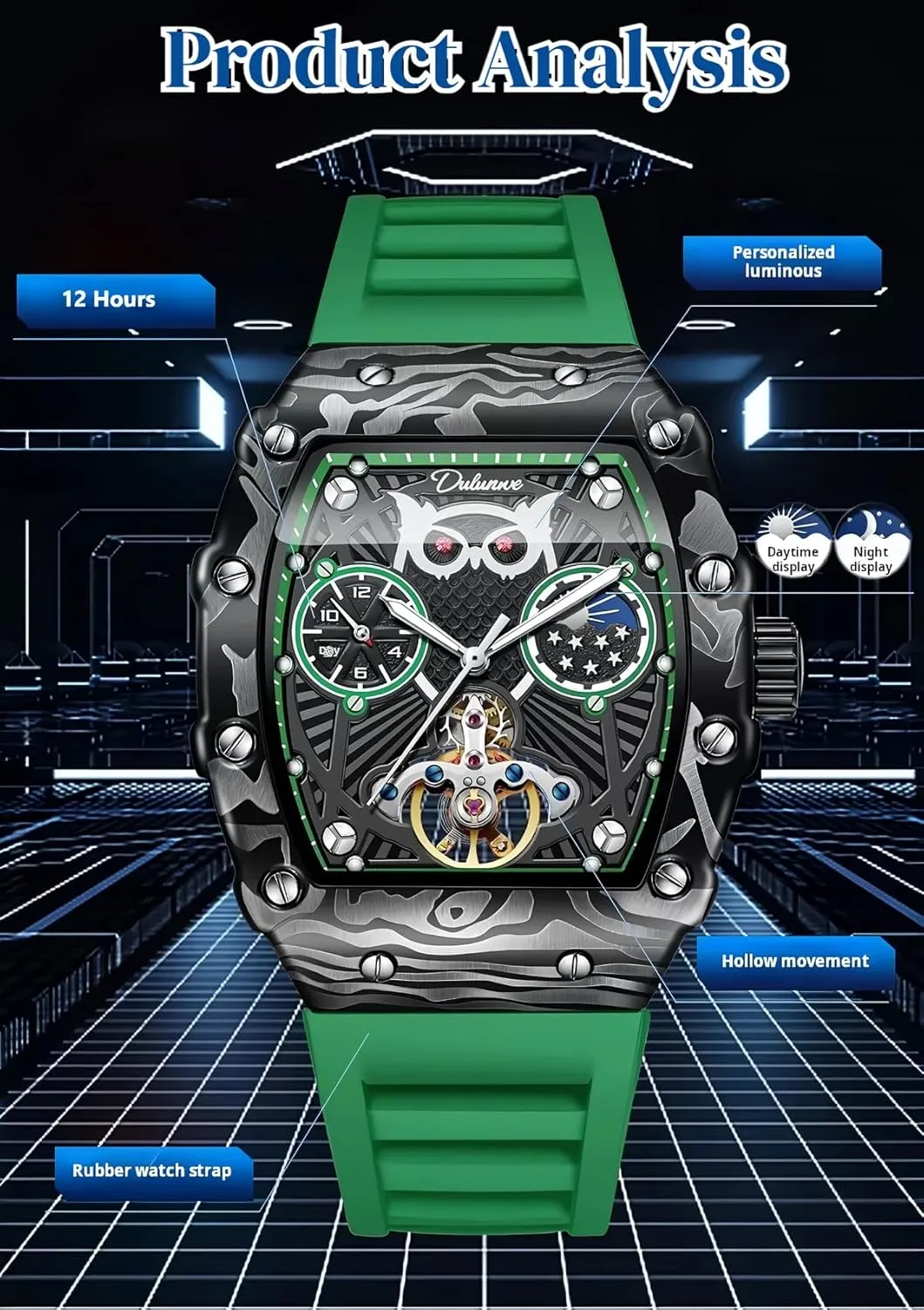Skeleton Mechanical Watches Tourbillon Automatic Watch for Men Luxury Waterproof Luminous Moon Phase Tonneau Dial Wristwatches